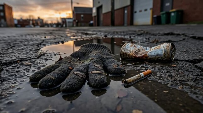 Guante de lana sucio tirado en un charco de agua junto a una colilla de cigarrillo y una lata 
