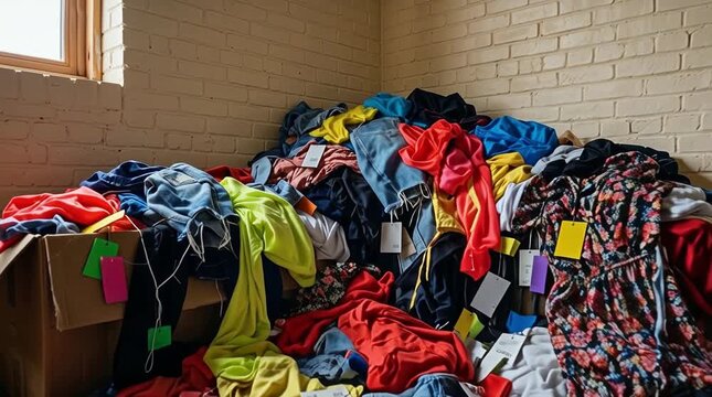 Pila caótica de ropa con etiquetas  acumulada en un rincón  de una habitación