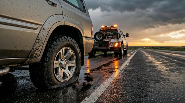 Rueda de un coche todoterreno con un neumático reventado en el arcén de una carretera mojada 
