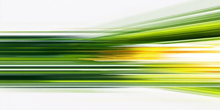 Dynamic abstract composition features streaks of bright green and yellow light rushing across a white background