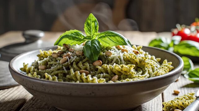 Delicious Pasta Dish with Fresh Basil and Pine Nuts on a Wooden Table.