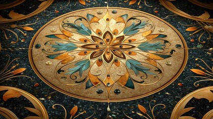 Fototapeta premium Intricate circular mandala with ornate floral and geometric patterns in gold blue and beige colors Artistic decorative design with symmetry and detailed craftsmanship
