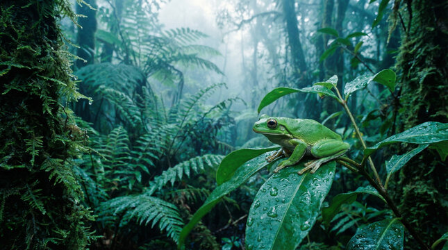 Vibrant Green Tree Frog Rests on Wet Leaf in Misty Rainforest Ecosystem