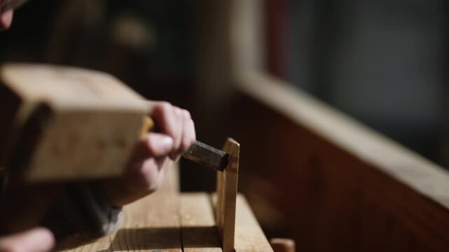 A close-up shot of a craftsman skillfully carving wood with a chisel and wooden mallet. This artisanal process highlights traditional woodworking techniques and tools.