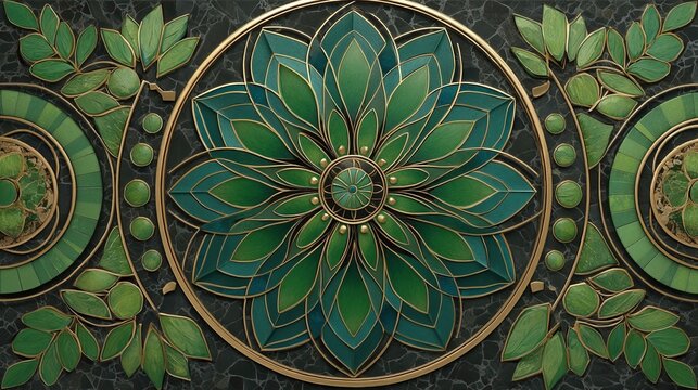 Ornamental green floral design with intricate leaf patterns and detailed artistic glasswork