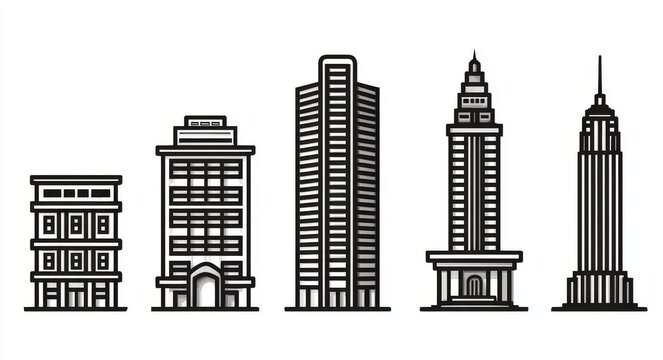 Simple line drawings of icons that convey the evolution of a business, from a small operation to a global corporation, featuring increasingly complex building designs