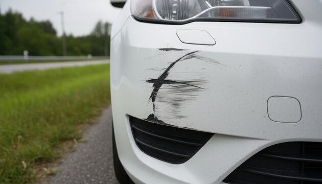 White car bumper showing significant black scratches and surface damage parked on the side of a grassy road during an overcast daytime setting