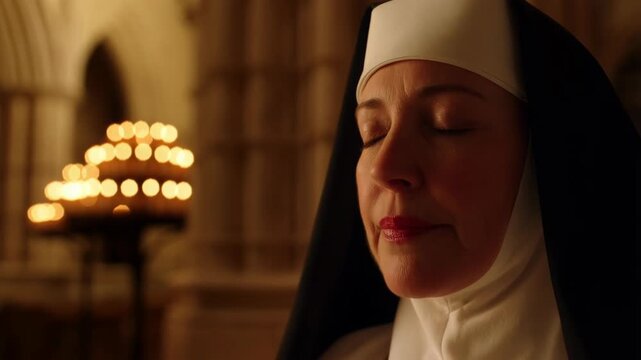 Nun face with closed eyes in dimly lit cathedral interior with candles featuring closeup, woman, religious with clergy and Catholic elements for