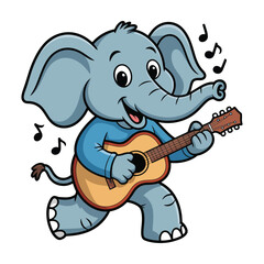 Naklejka premium Cheerful elephant playing acoustic guitar while walking on clean white background