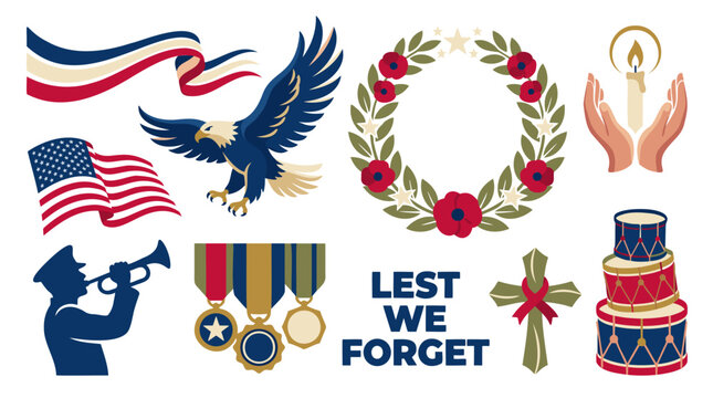Collection of patriotic and remembrance symbols including American flag, bald eagle, poppy wreath, military medals, and 'Lest We Forget' text.