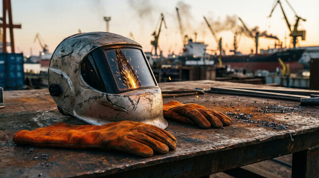 Welding Helmet and Gloves on Workbench with Industrial Harbor Background