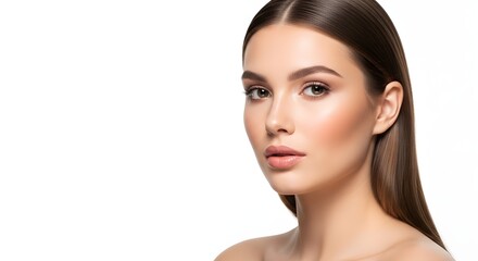 Naklejka premium Beautiful Woman with Perfect Skin and Makeup on White Background