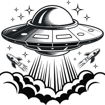 Vintage-style flying saucer with rockets emitting light rays over a cloudy sky