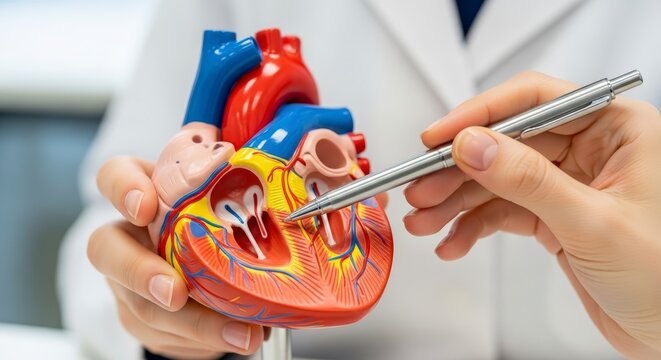 Doctor examining heart model anatomy.