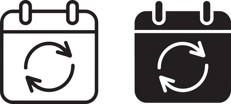 Calendar With Refresh And Circular Arrows Icon Set, Outline And Solid Styles