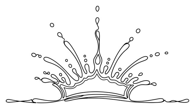 Water splash crown continuous line drawing, liquid drop spray ripple effect one line art minimalist vector illustration
