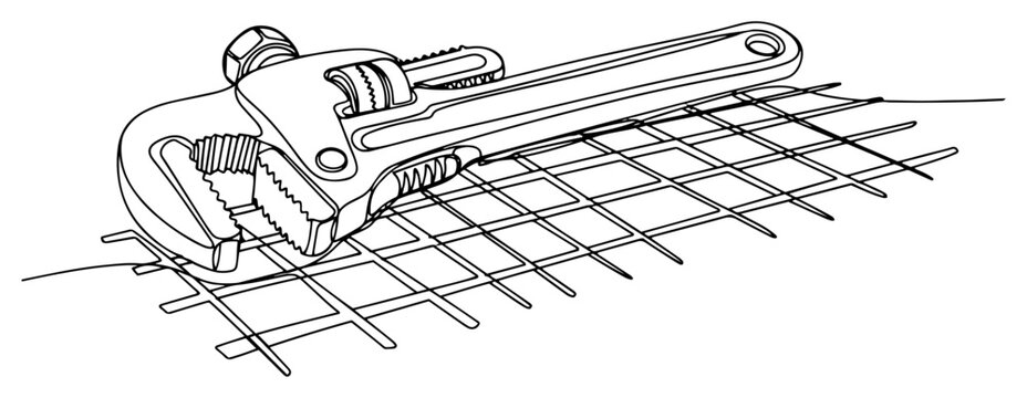 Industrial pipe wrench on metal grid continuous line drawing, plumbing repair and construction tool one line art minimalist vector illustration