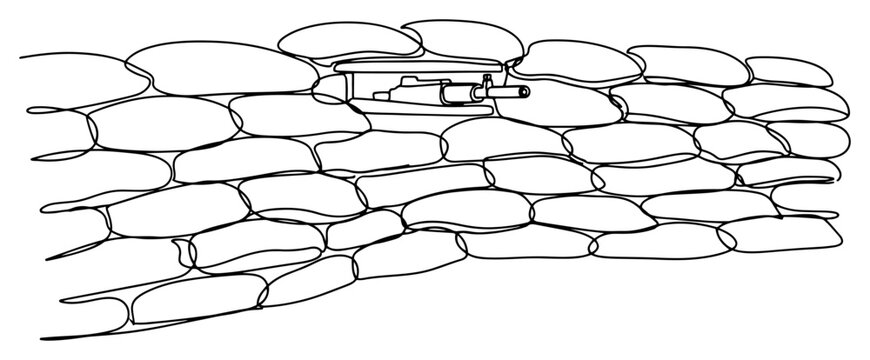 Sandbag bunker wall with gun continuous line drawing, military defense and war zone fortification one line art, minimalist combat vector illustration
