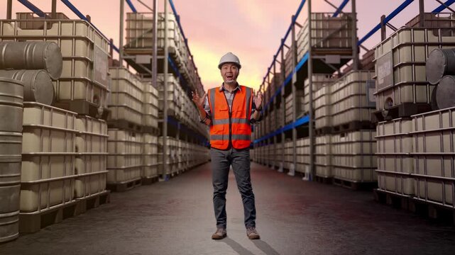 Full Body Of Asian Male Engineer With Safety Helmet Smiling To Camera And Saying Wow While Standing at Warehouse with Containers and Barrels