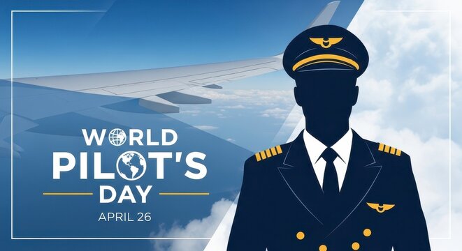 Professional pilot in uniform celebrating World Pilot's Day with airplane backdrop