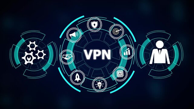 Futuristic cybersecurity interface showing vpn text in center with icons for privacy, encryption, cloud, analytics, and user profile on dark blue tech background. Vpn network security technology