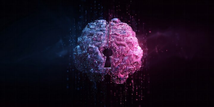 Illuminated digital human brain structure displays a central keyhole against a dark background