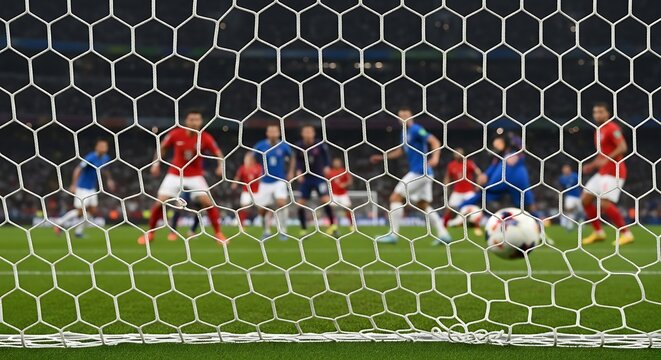 Soccer players in action on the field behind a goal net FIFA World Cup 2026, World Cup, World Cup 2026 with Soccer Ball, Vibrant Stadium, International Flags, Global Football Celebration