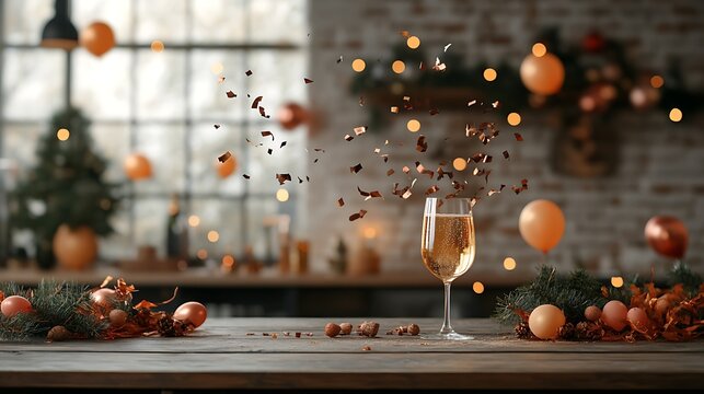 Festive celebration with champagne and confetti in a cozy kitchen Image