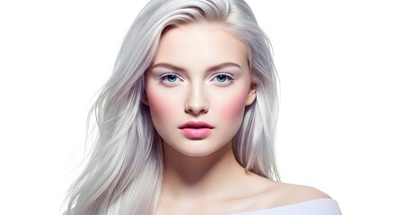 Naklejka premium Beautiful Woman with Silver Hair and Blue Eyes, Isolated on White