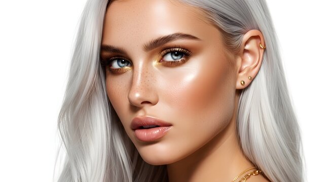 Beautiful Woman with Silver Hair and Glamorous Makeup