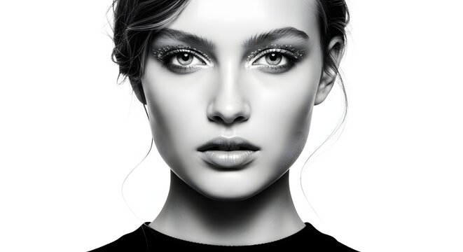 Elegant Black and White Portrait of a Woman with Glamorous Makeup