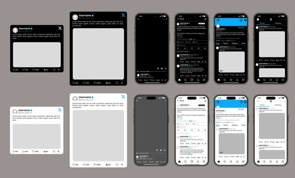 Interface set for the Twitter X social network, mobile applications in dark and light mode, professional user interface design for posts and feeds on smartphones