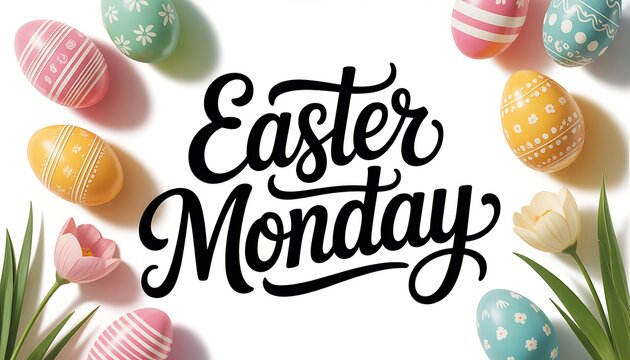 Flat lay of decorative easter eggs and tulips on white background with hand lettered 'easter monday' text with copy space
