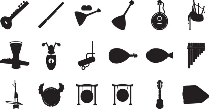A collection of various musical instruments from around the world in black and white