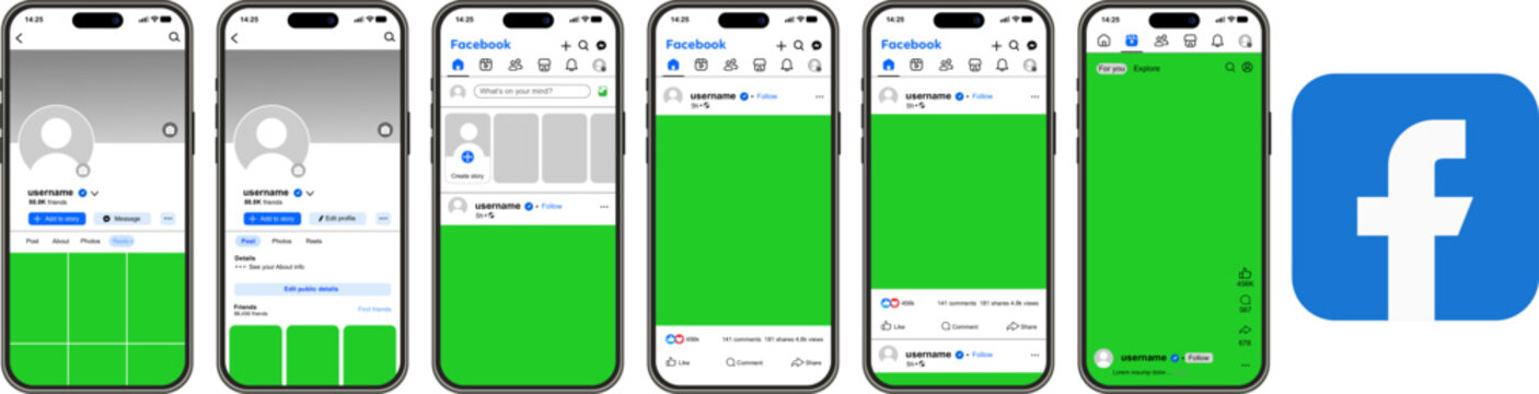 Facebook app interface with green screen placeholders, collection of mobile smartphone designs for social media design, professional UI and UX profile