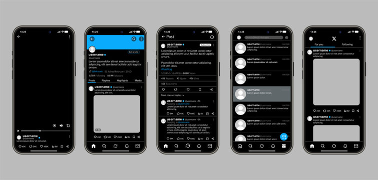 Dark mode interface for social networks like X and Twitter, professional user interface design for mobile applications with an elegant black aesthetic, digital wireframes for smartphones