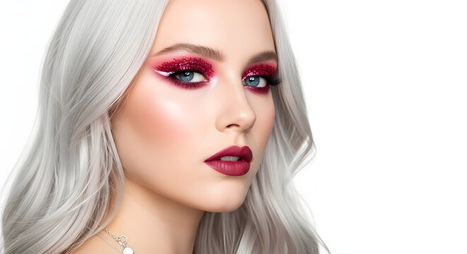 Glamorous Woman with Silver Hair and Red Glitter Eye Makeup