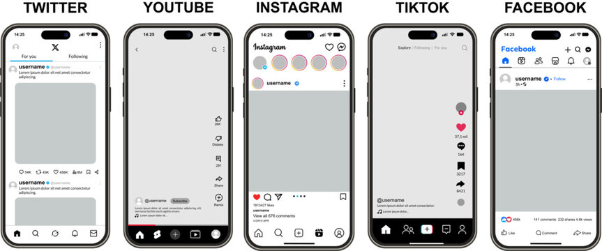 Collection of mobile app interfaces from popular social media networks, comparing Twitter and YouTube along with Instagram and TikTok