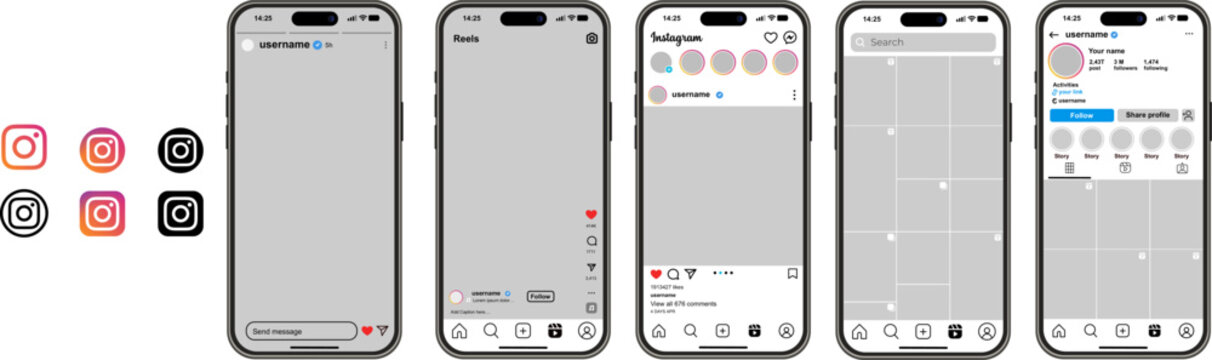 Collection of user interface wireframes for the Instagram mobile app, detailed smartphone design for reels, profile and feed views, social media content planning