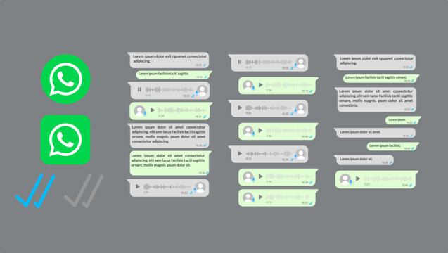 WhatsApp messaging app chat interface, text bubbles and voice note user interface elements, mobile communication with green and blue checkmarks