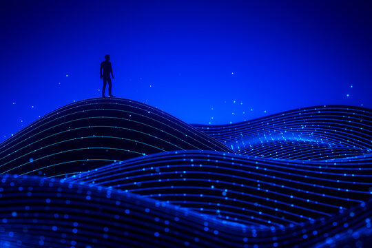 3D data wave horizon with lone figure in blue network