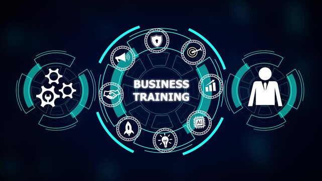 Business training concept with icons for growth security teamwork innovation artificial intelligence and success