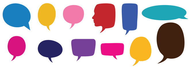 Obraz premium Hand drawn set of colorful speech bubbles. communication concept, Speak bubble text, vector set of flat message bubbles show chat bubble or dialog boxes on white background.