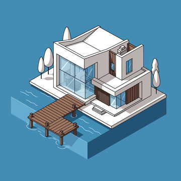Modern House with Dock on Water.