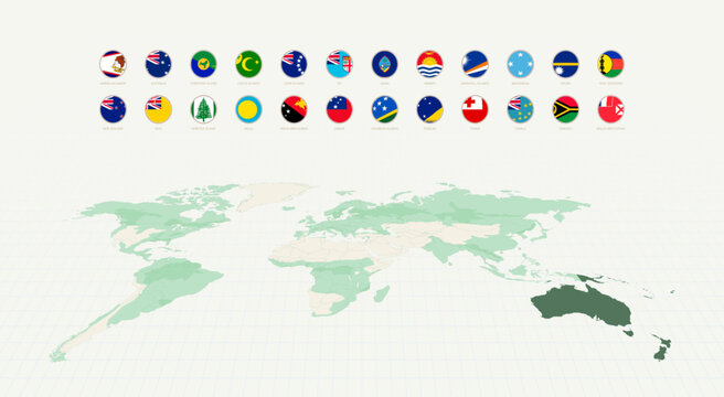 Collection of Round Flags of Oceania with Oceania Highlighted on a World Map.