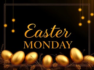 Elegant easter monday greeting with golden eggs on a dark background with bokeh lights, luxurious festive concept, gold leaf