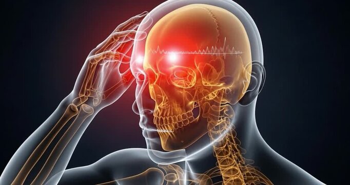 Medical illustration of a human head and brain with pain highlighted