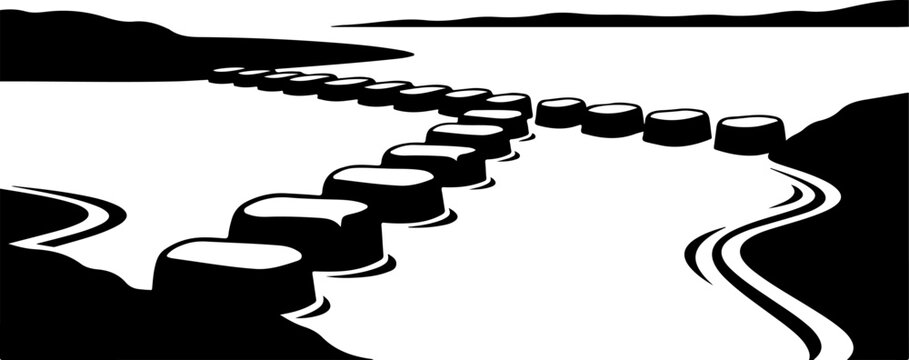 Black and white vector illustration, stone steps pathway, winding stairs, monochrome landscape