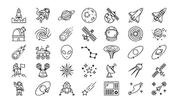 Space exploration icons: rocket, astronaut, planets, galaxy, alien