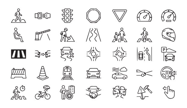 Traffic and road safety icons: signs, cars, pedestrians, signals, hazards